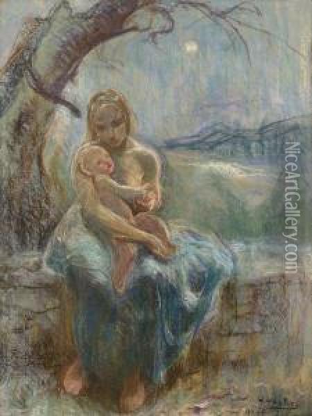 Nachtliche Stimmung Mit Mutter Und Kind. Oil Painting - Otto Vautier