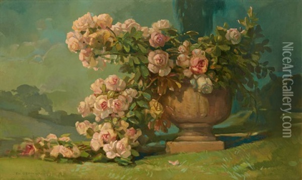 Vasque Garnie De Roses Oil Painting - Emile Berchmans