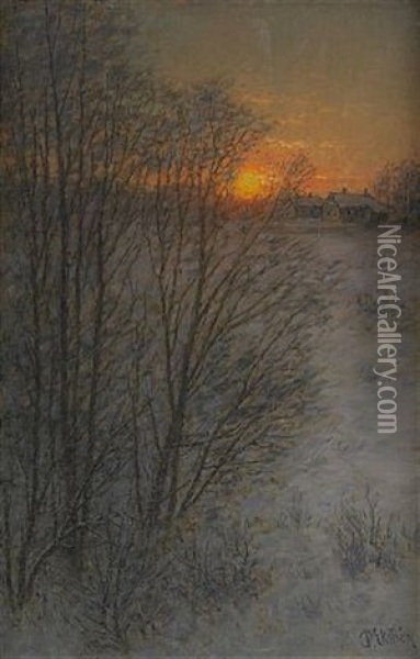 Vinterlandskap I Solnedgang Oil Painting - Per Ekstroem