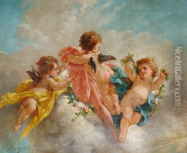 Putti With Garlands Of Flowers; And Putti With Birds, A Pairboth 'lutyens' (lower Left) Oil Painting - Charles Augustus Henry Lutyens