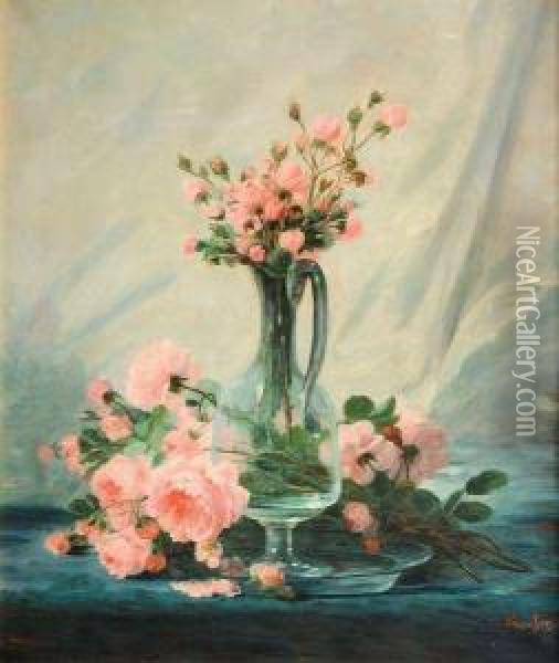 Roses Dans Un Pichet En Verre Oil Painting - Andre Perrachon