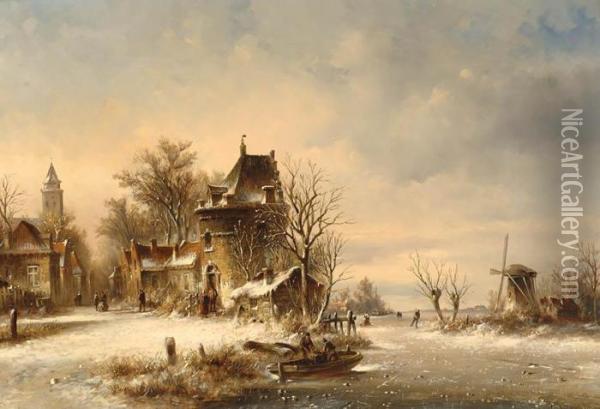 Village View In Winter Time Oil Painting - Jan Jacob Coenraad Spohler