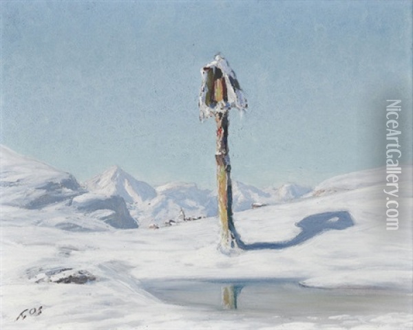 Verschneite Berglandschaft Mit Wegkreuz Oil Painting - Albert Henri John Gos