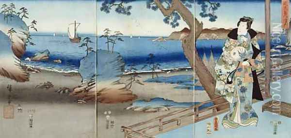 Prince Genji watching at the Suma Beach Oil Painting - Utagawa Hiroshige & Kunisada