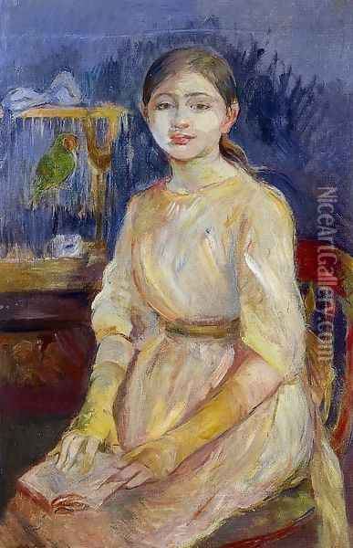 Julie Manet With A Budgie Oil Painting - Berthe Morisot