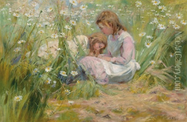 Madchen In Einer Blumenwiese Sitzend Oil Painting - Alexander M. Rossi