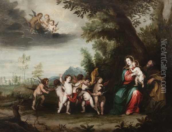 La Sainte Famille Avec Des Anges Dansant Et Jouant De La Musique Oil Painting - Peeter Van Avont