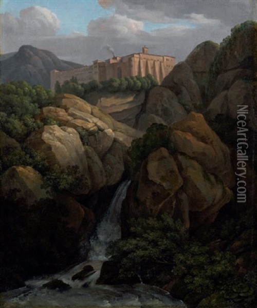 Der Wasserfall Vor Dem Kloster Santa Scholastica Bei Subiaco Oil Painting - Jacob Wilhelm Mechau