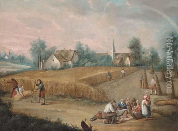 Skittle Players In A Village; And Peasants Harvesting Wheat Andeating Oil Painting - David The Younger Teniers