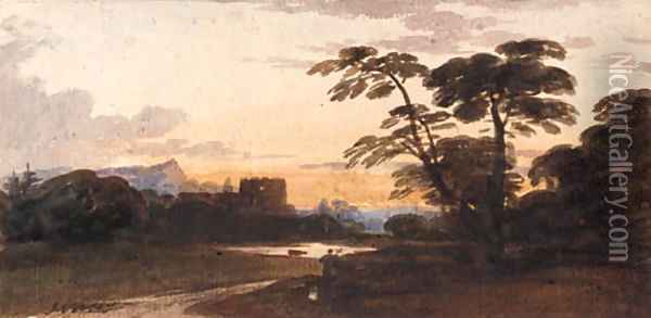 A figure in a wooded landscape with a castle beyond Oil Painting - John Varley
