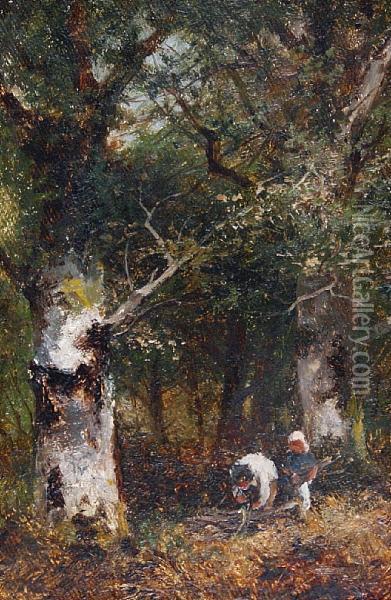 Gathering Faggots In A Woodland, A Pair Oil Painting - David Bates