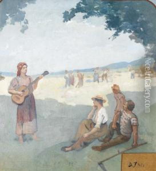 Bauern Auf Dem Feld Mit Musizierender Zigeunerin. Oil Painting - Jean Daniel Ihly