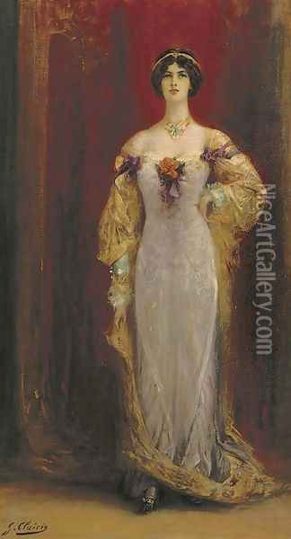 Portrait of Cleo de Merode (1874-1965), small full-length, in a lilac and yellow dress Oil Painting - Georges Jules Victor Clairin