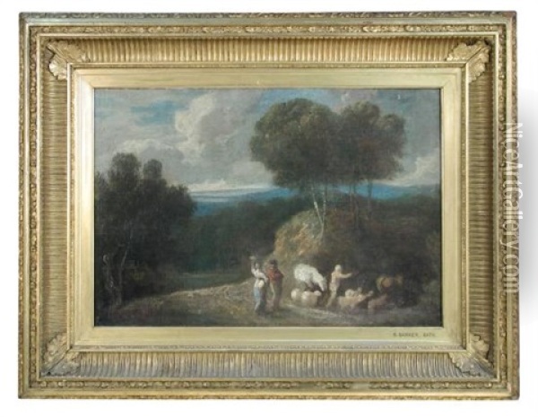 A Shepherdess With Cattle And Sheep On A Path Oil Painting - Benjamin (of Bath) Barker