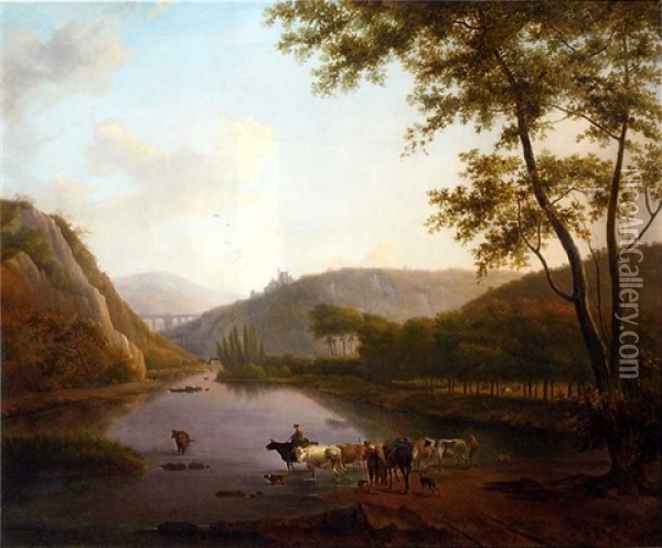 A Wooded River Landscape With Cattle Watering, A Viaduct And Town Beyond Oil Painting - Julien Joseph Ducorron