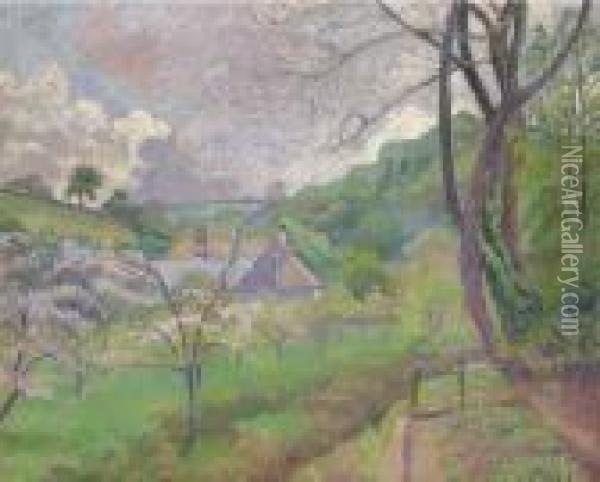 Apple Blossom, Riversbridge Farm, Blackpool Oil Painting - Lucien Pissarro