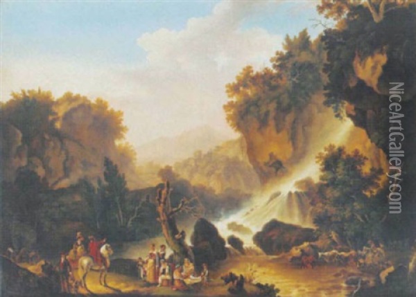 A River Landscape With A Waterfall, A Drover And His Cattle, Washer Women And Travellers At Halt Oil Painting - Jacob Philipp Hackert