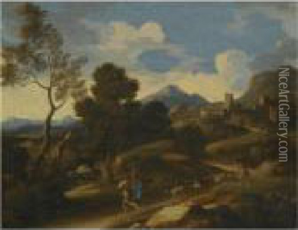 An Italianate Landscape With Goat Herders Driving Their Flock Along
The Path In The Foregound Oil Painting - Gaspard Dughet Poussin