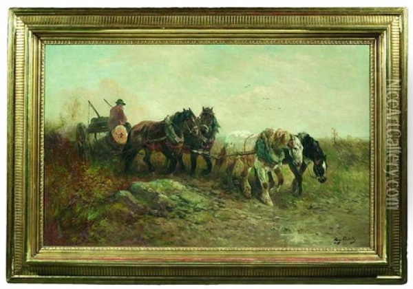 Vierspanniges Pferdefuhrwerk In Herbstlicher Landschaft Oil Painting - Henry Schouten