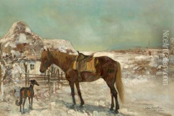 Rastendes Pferd Und Hund Vor Einem Bauernhaus Oil Painting - Juliusz Holzmutller