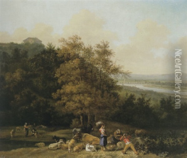 Sudliche Landschaft Mit Hirten Und Herde, Rechts Fernblick Auf Eine Bogenbrucke Oil Painting - Abraham Jansz. Begeyn