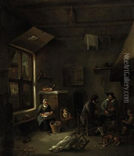 An Interior With A Family By A Fireplace Oil Painting - Adriaen Jansz van Ostade
