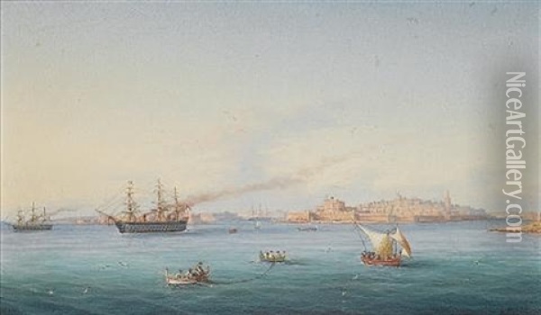 H.m.s. Victoria Amongst Native Craft Off Fort St. Elmo, Valletta, Malta Oil Painting - Girolamo Gianni