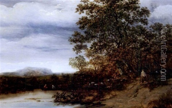 Boater On Pond With Traveler And Livestock Oil Painting - Jacob Van Ruisdael