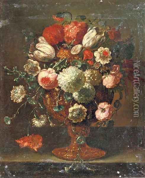 Roses, tulips, violets, hydrangeas and other flowers in an earthenware vase on a stone ledge Oil Painting - Peter Casteels III