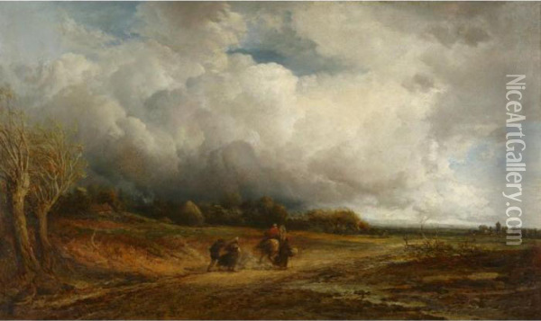 Travellers On A Country Road On A Windy Day Oil Painting - James Webb