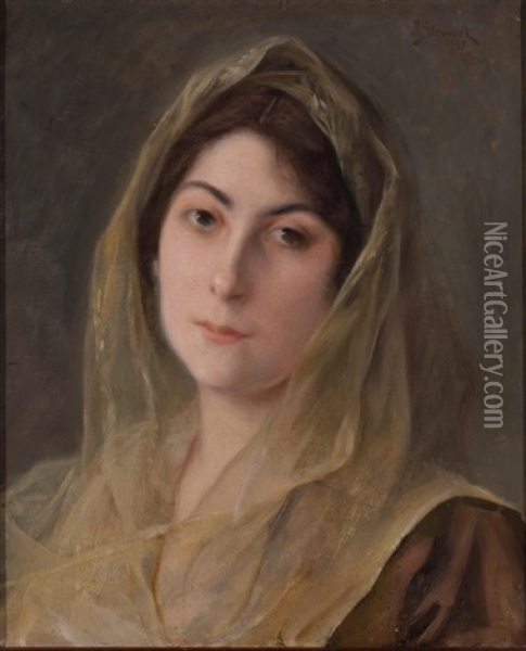 Potrait Of A Woman In A Sheer Chiffon Headdress Oil Painting - Julius LeBlanc Stewart