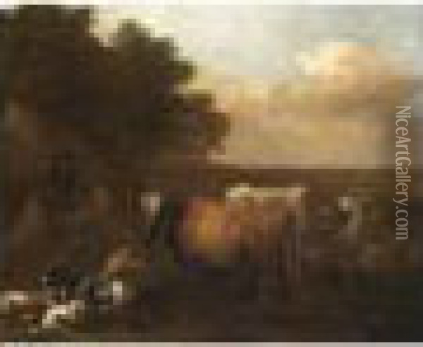 A Landscape With Shepherds Tending Their Herd Oil Painting - Albert-Jansz. Klomp