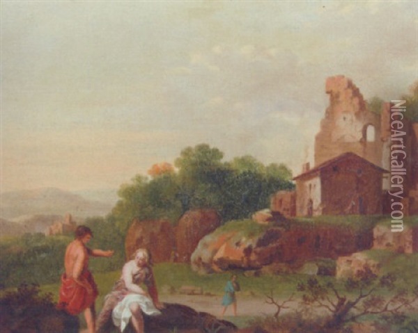 A Nymph And A Shepherd By Classical Ruins, In An Italianate Landscape Oil Painting - Cornelis Van Poelenburgh
