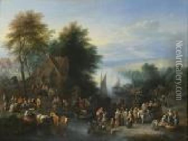Scene De Marche En Bord De Riviere Oil Painting - Theobald Michau