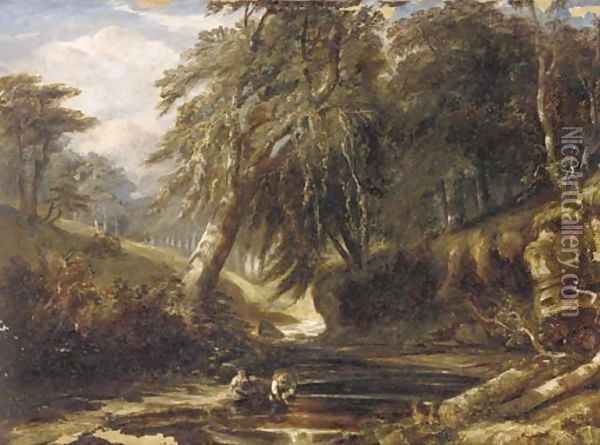 Children playing by the River Kelvin, Scotland Oil Painting - Samuel Bough