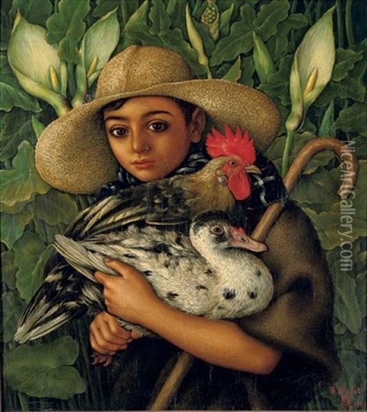 Retrato De Nino Con Aves - Boy With Poultry Oil Painting - Vincente Mulet Claver