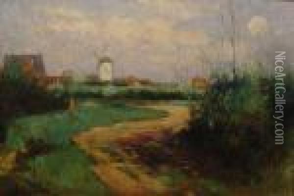 Landschaft Mit Windmuhle Oil Painting - German Grobe