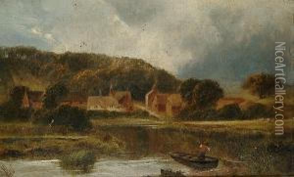 Cattle In A Highland Landscape; And A Figure On A Boat, A Village Beyond Oil Painting - James Peel