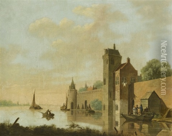 A River Landscape With A Walled Castle And Figures Boarding A Ferry Oil Painting - Jan Hendrik Verheyen