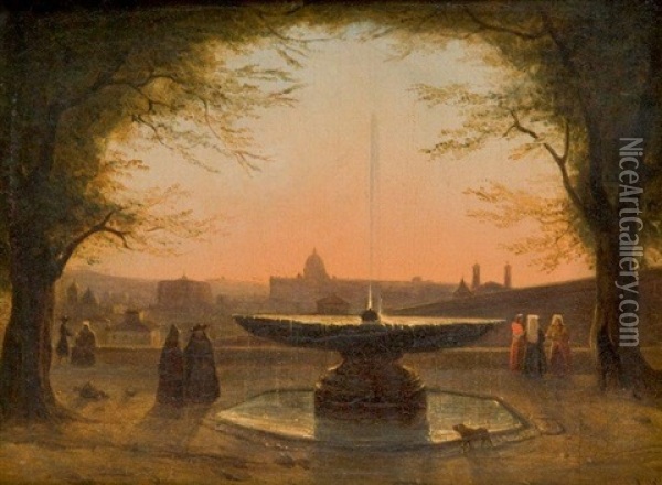 La Vasque De La Villa Medicis Au Couchant Oil Painting - Felix Marie Ferdinand Storelli