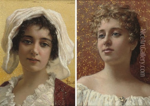 Girl With The Gold Broach (+ Girl In A White Bonnet; Pair) Oil Painting - Edgardo Saporetti