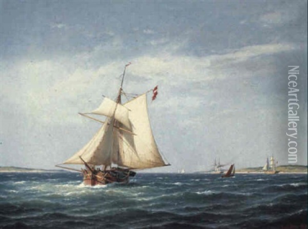 Marine Med Sejlskibe Ud For Kysten Oil Painting - Carl Ludwig Bille