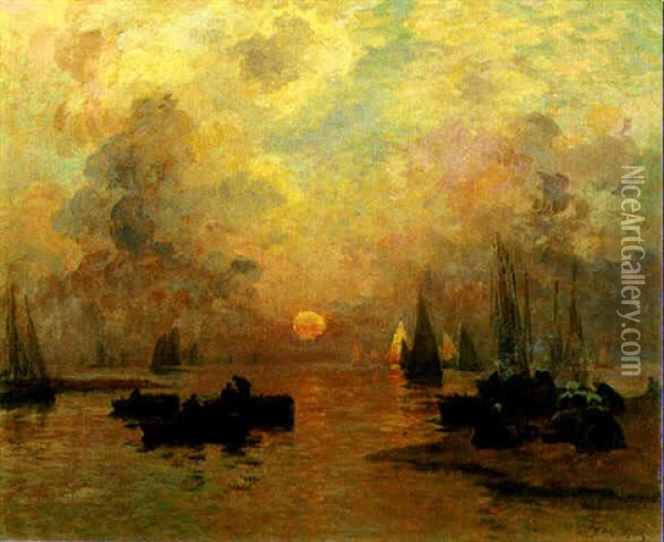 Boats At Sunset Oil Painting - Fernand Marie Eugene Legout-Gerard