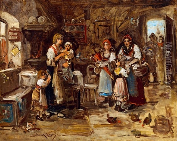 Visiting The Baby Oil Painting - Lajos Bruck