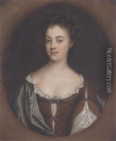 Portrait Of A Lady, Traditionally Identified As Lady Darnell, In A Brown And White Dress, With A Blue Wrap Oil Painting - Charles Beale