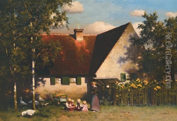 Kinder Bei Der Brotzeit Hinterm Bauernhaus Oil Painting - Paul Wilhelm Keller-Reutlingen