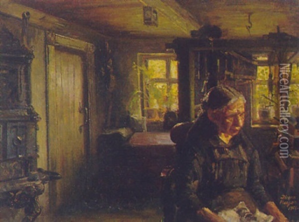 Interior Med Karen-vaevers Med Sine Kattekillinger Oil Painting - Jorgen Hansen