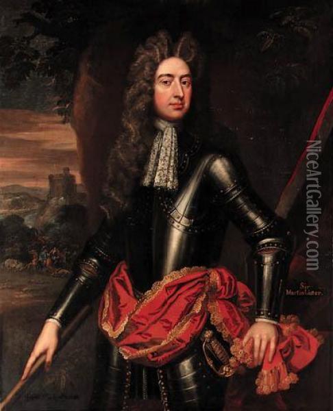 Portrait Of An Officer, 
Three-quarter-length, In Armour, With A Redsash, Holding A Baton, A 
Cavalry Skirmish Below A Castlebeyond Oil Painting - Sir Godfrey Kneller