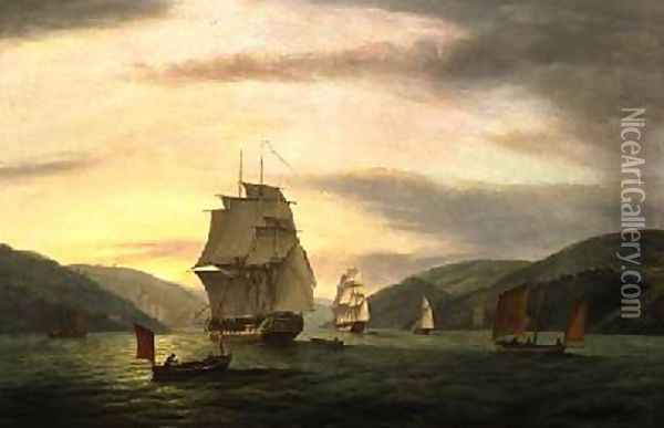A Frigate A Lugger And Merchant Ship In Dartmouth Harbour 1808 Oil Painting - Thomas Luny