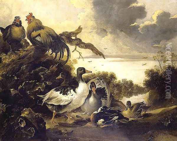 Fowl on a Riverbank 1651 Oil Painting - Gijsbert Gillisz. de Hondecoeter